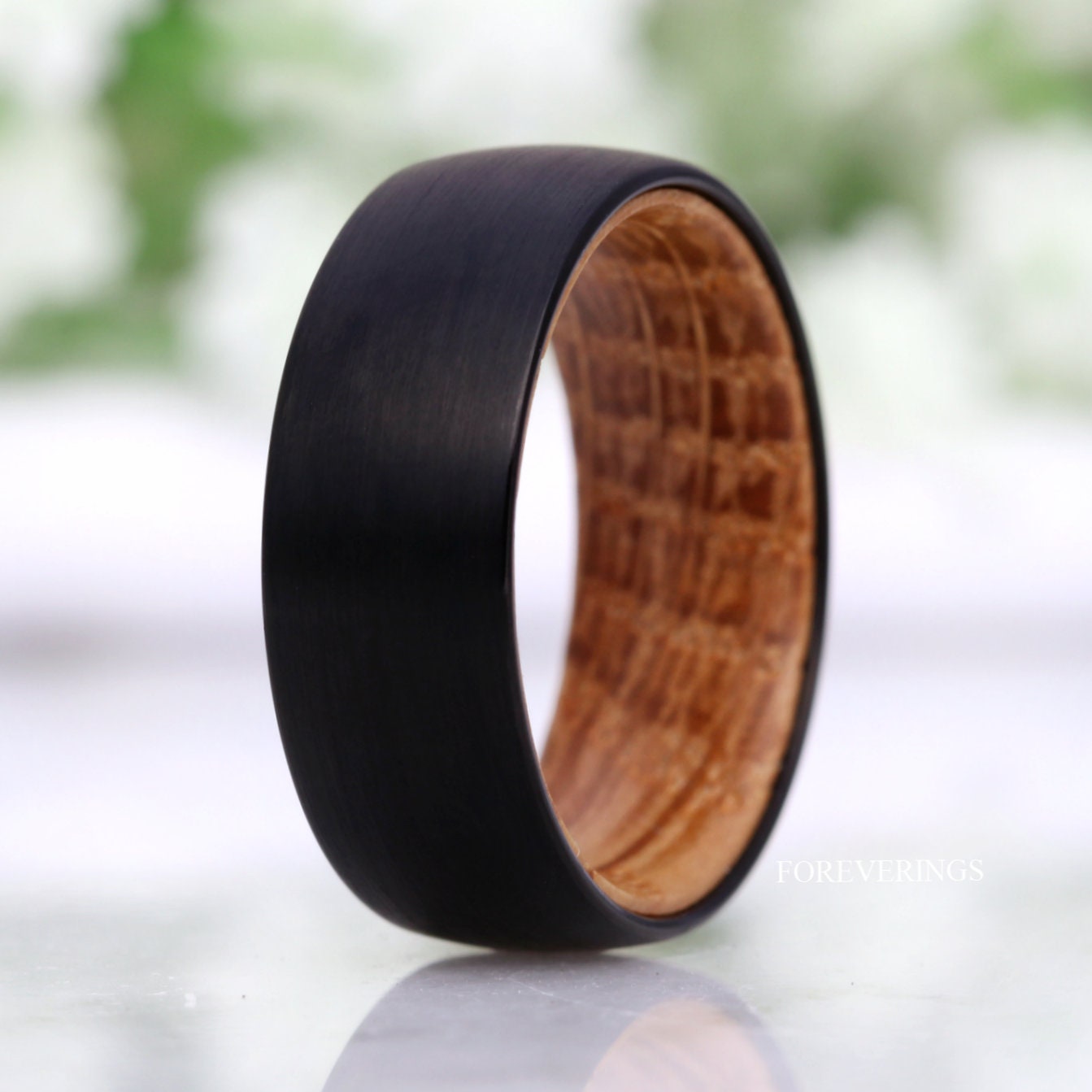 Whiskey Barrel Ring, Men Tungsten Wedding Band, 8mm-6mm Wood Ring, Matte Brushed, Black, Comfort Fit, Domed, Birthday Anniversary Gift