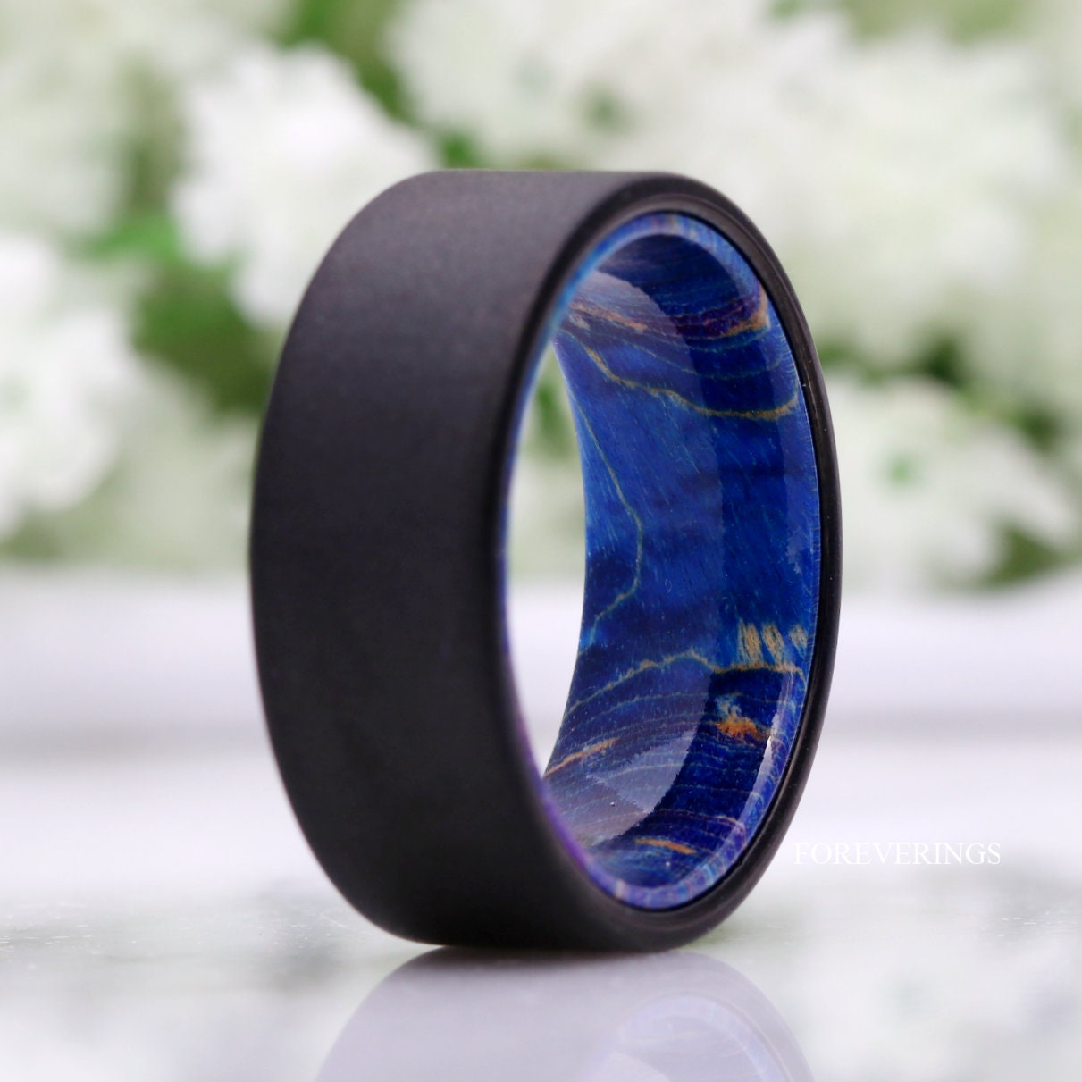 Blue Elder Wood Ring, 8mm Men Tungsten Wedding Band, Wood and Tungsten Ring, Sandblasted Black Ring, Comfort Fit, Flat, Gift for Him