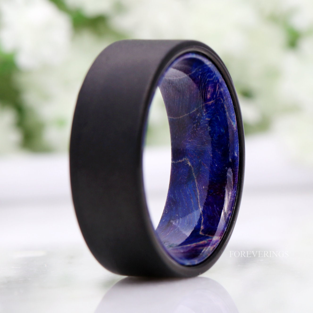 Blue Elder Wood Ring, 8mm Men Tungsten Wedding Band, Wood and Tungsten Ring, Sandblasted Black Ring, Comfort Fit, Flat, Gift for Him