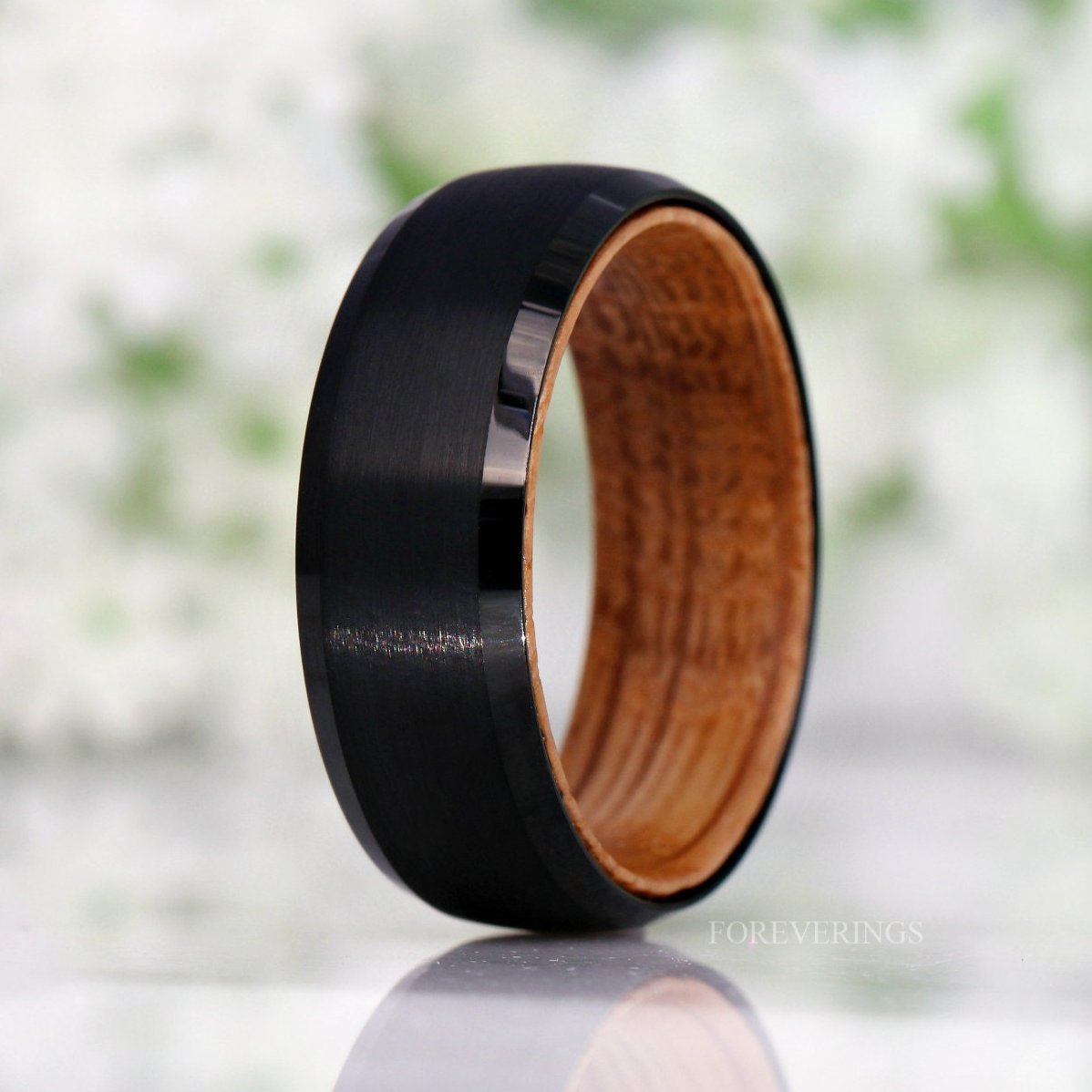 Man Wood Whiskey Barrel Ring, Black Tungsten Wedding Band, Wood and Metal Ring, 8mm-6mm Unique Men Ring, Matte Brushed, Black, Beveled