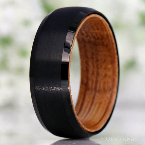 Man Wood Whiskey Barrel Ring, Black Tungsten Wedding Band, Wood and Metal Ring, 8mm-6mm Unique Men Ring, Matte Brushed, Black, Beveled