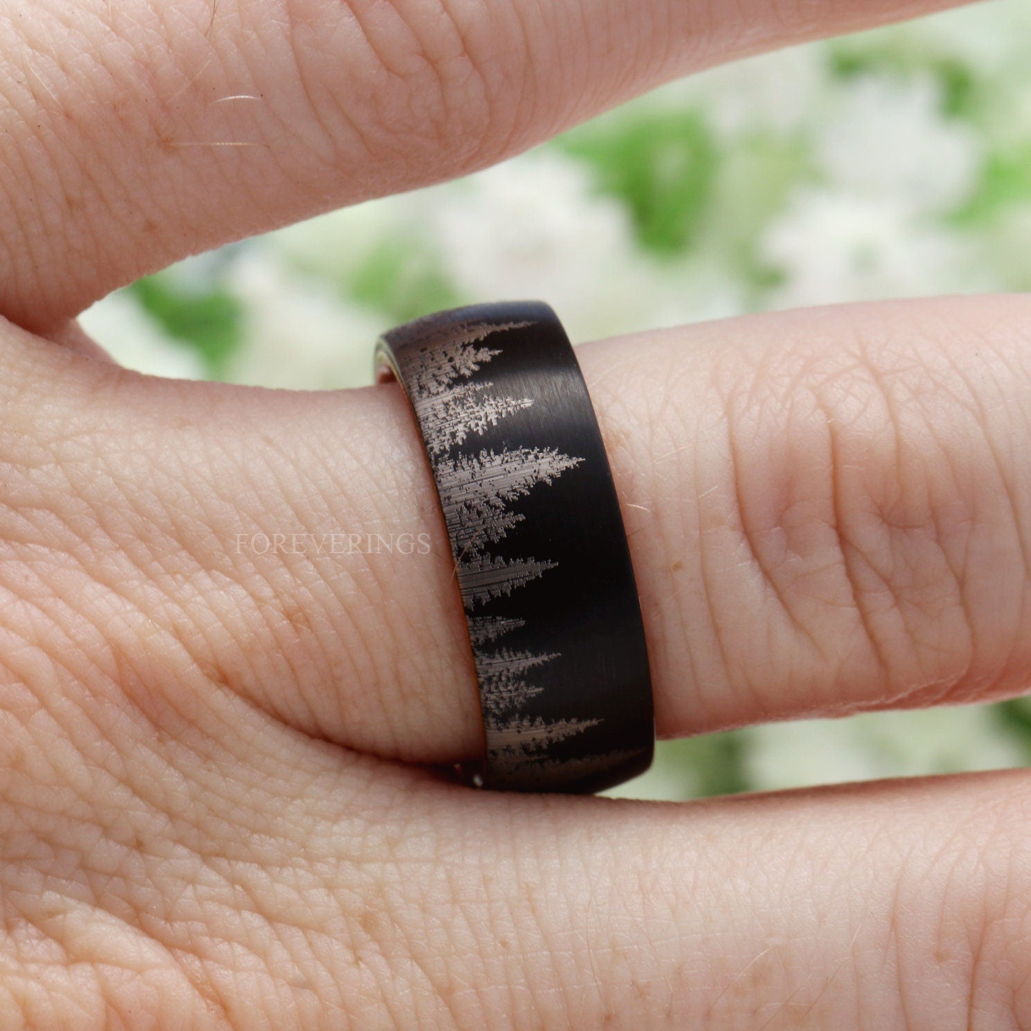 Man Wood Whiskey Barrel Ring, Black Forest Tree Ring, Men Tungsten Wedding Band, Pine Tree, Black, Nature Landscape Ring, Comfort Fit, Dome