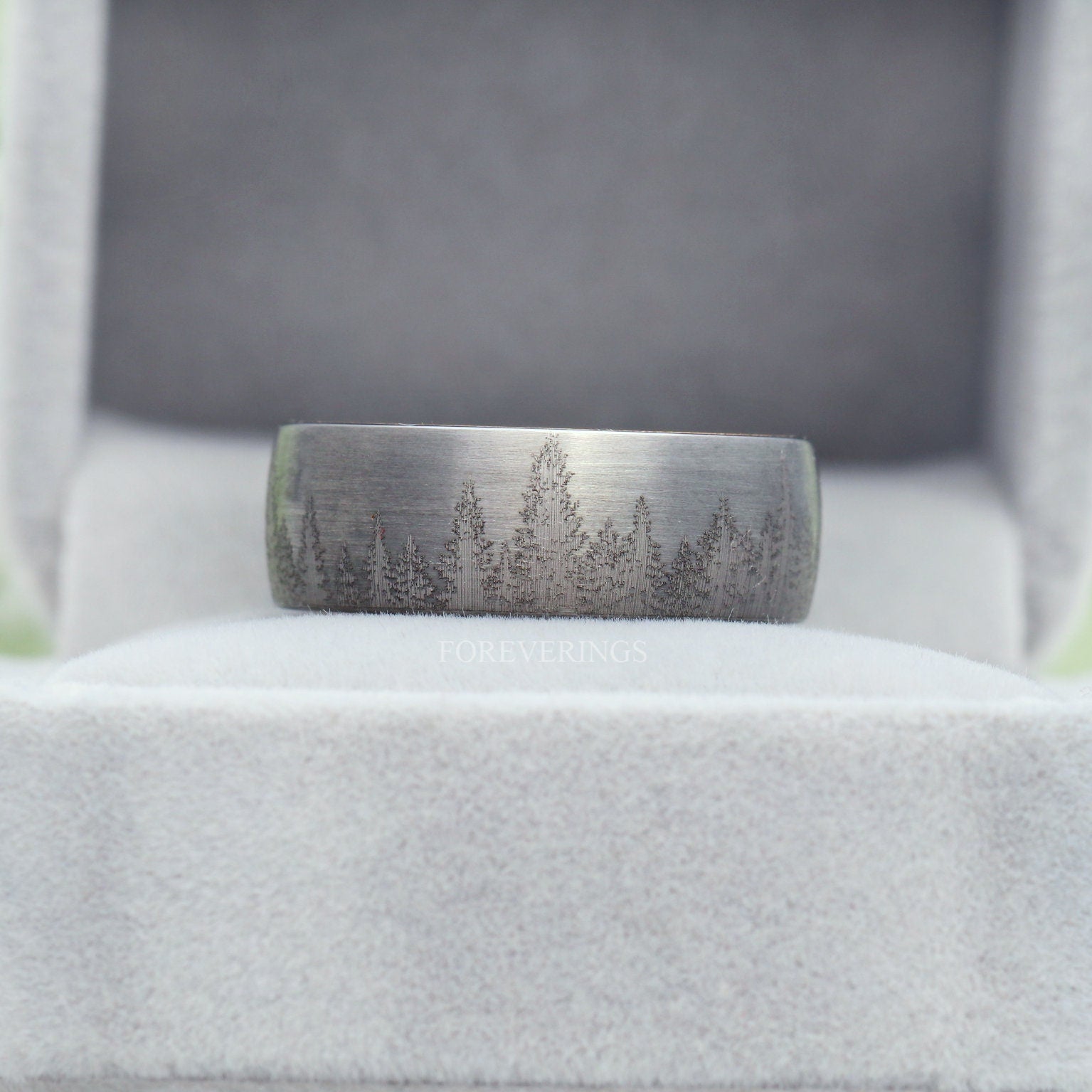 Whiskey Barrel Ring, Mens Tungsten Wedding Band, Wood Ring, Gunmetal Ring, Forest Trees Band, Nature Landscape Ring, Comfort Fit, 8mm Ring