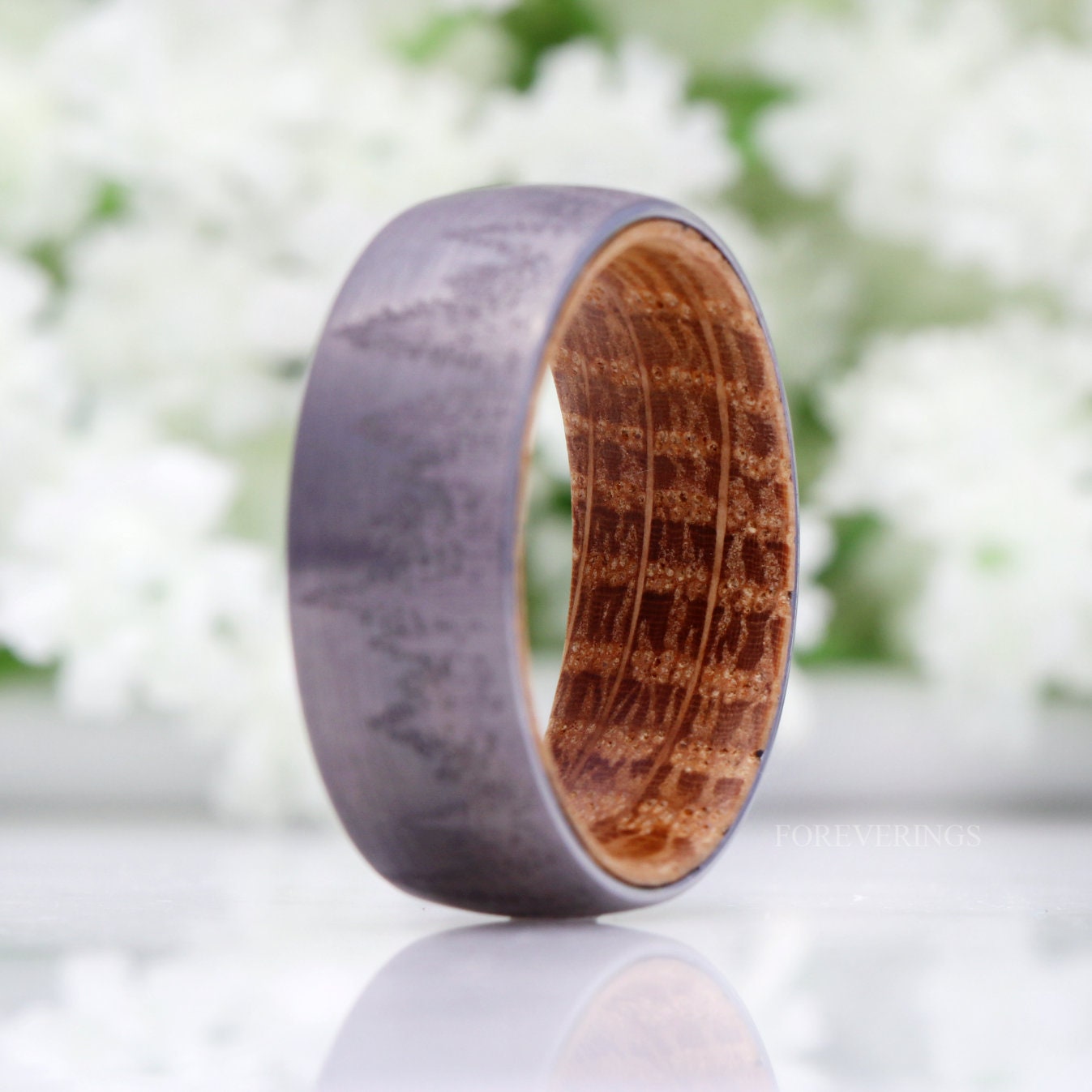 Whiskey Barrel Ring, Mens Tungsten Wedding Band, Wood Ring, Gunmetal Ring, Forest Trees Band, Nature Landscape Ring, Comfort Fit, 8mm Ring