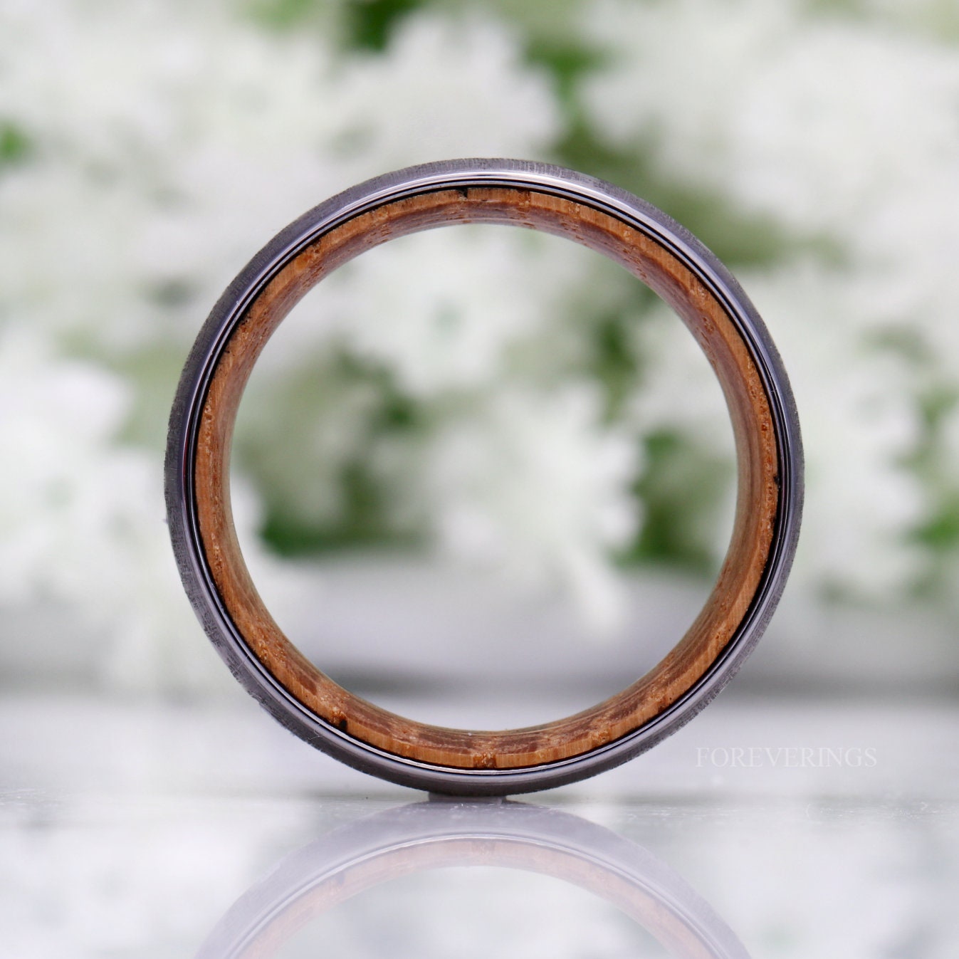 Whiskey Barrel Ring, Mens Tungsten Wedding Band, Wood Ring, Gunmetal Ring, Forest Trees Band, Nature Landscape Ring, Comfort Fit, 8mm Ring