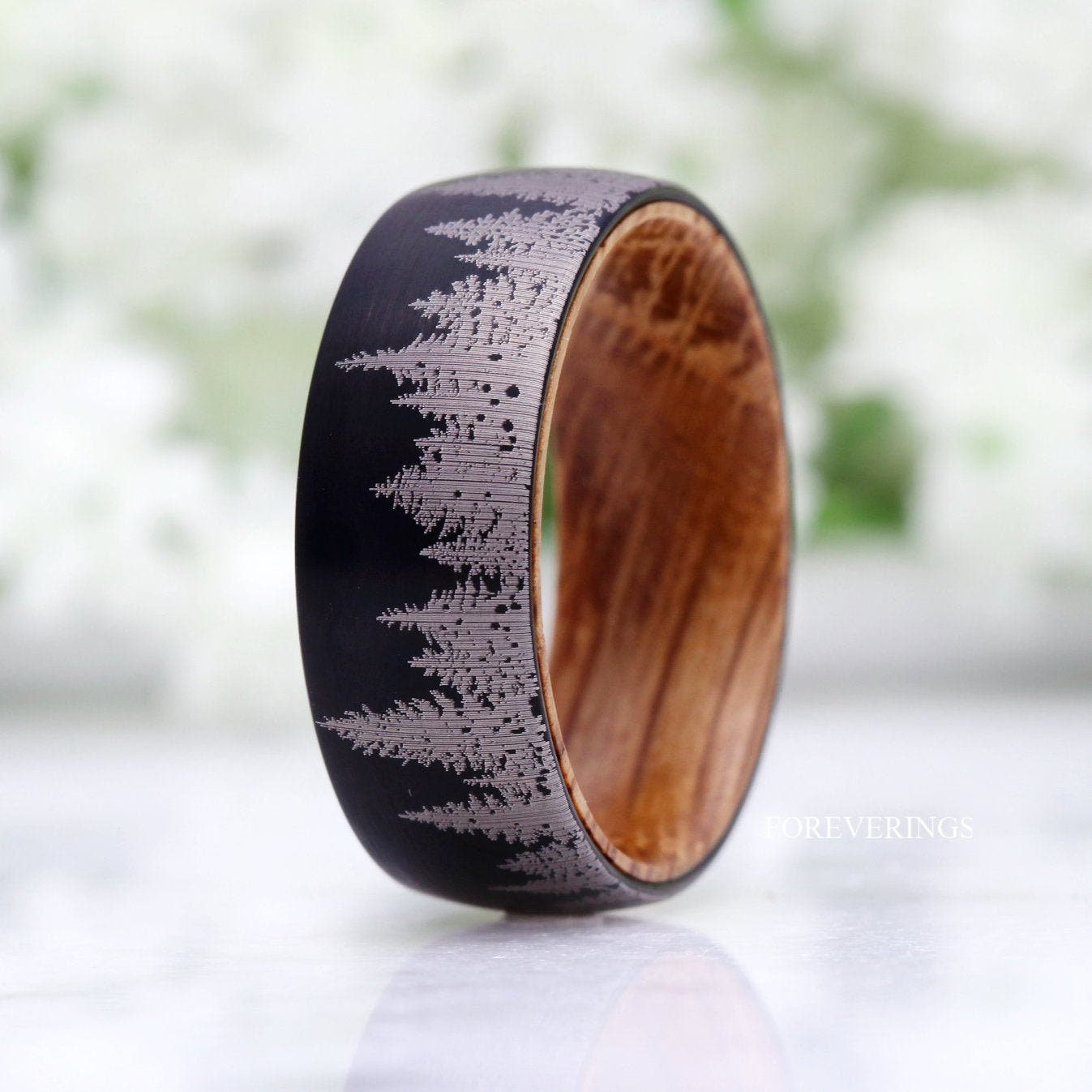 Man Wood Whiskey Barrel Ring, Black Forest Tree Ring, Men Tungsten Wedding Band, Pine Tree, Black, Nature Landscape Ring, Comfort Fit, Dome