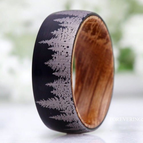 Man Wood Whiskey Barrel Ring, Black Forest Tree Ring, Men Tungsten Wedding Band, Pine Tree, Black, Nature Landscape Ring, Comfort Fit, Dome