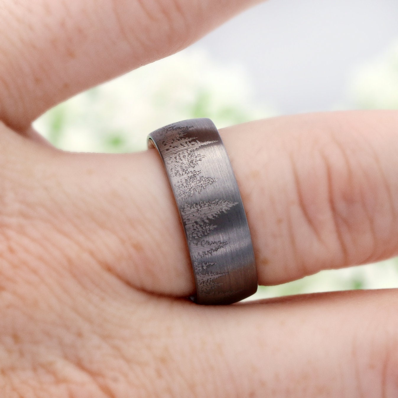 Whiskey Barrel Ring, Mens Tungsten Wedding Band, Wood Ring, Gunmetal Ring, Forest Trees Band, Nature Landscape Ring, Comfort Fit, 8mm Ring