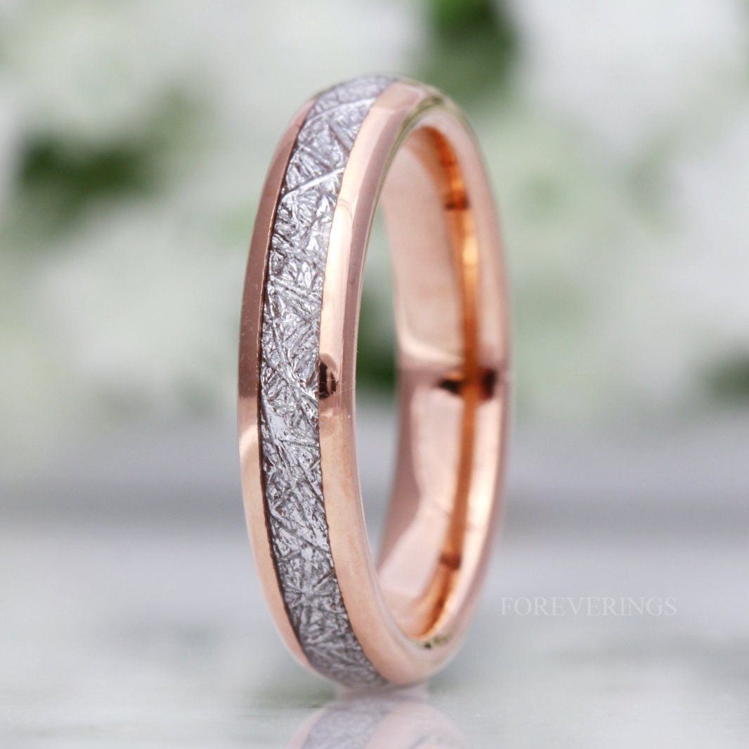 Meteorite Tungsten Wedding Band, 4mm Rose Gold Plated Ring, Comfort Fit, Women Men Ring, Unique Ring, Birthday Anniversary Gift