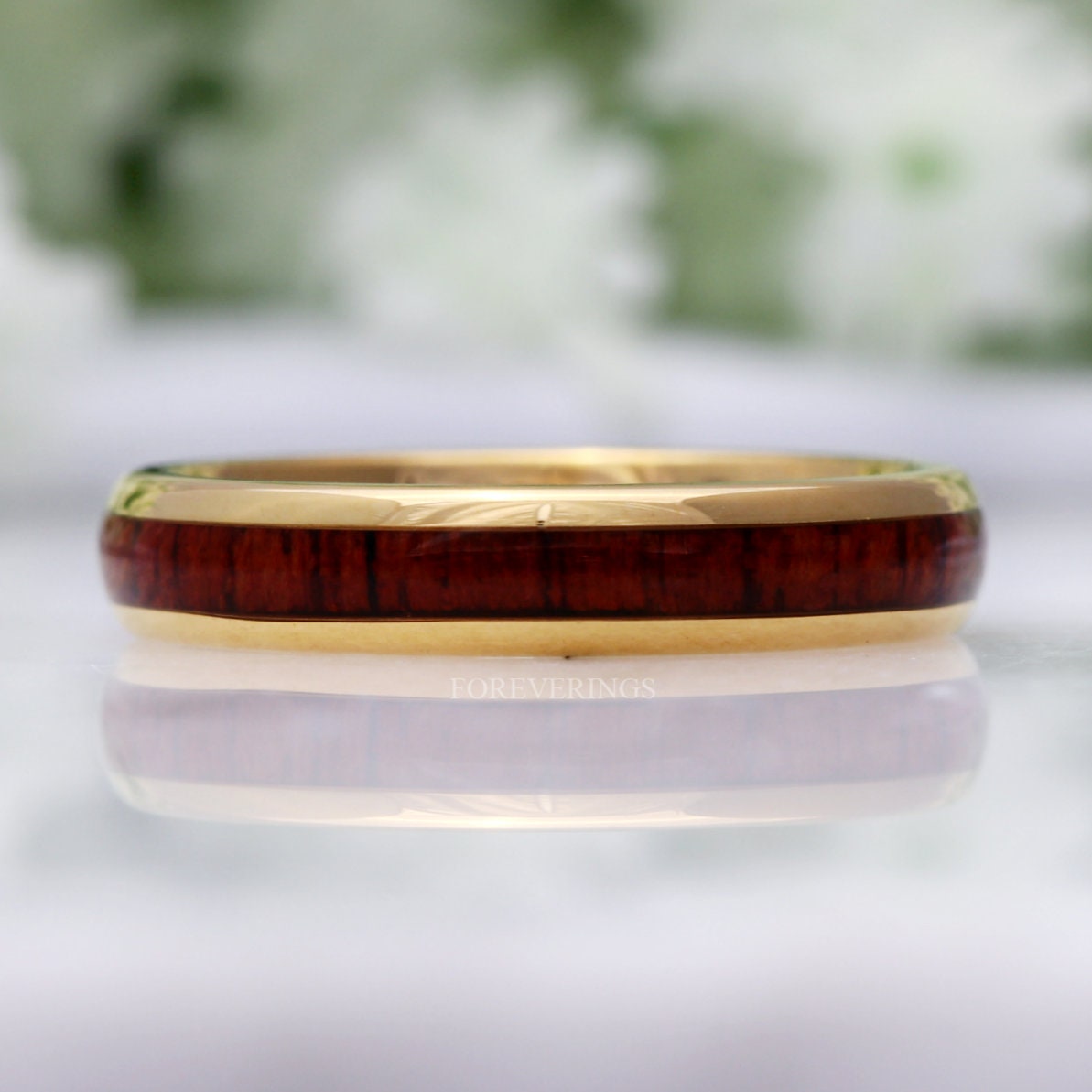 Rose Gold or Gold Koa Wood Tungsten Ring, 4mm Wedding Band, Women Men Ring, Comfort Fit, Unique Promise Ring, Nature Ring, Ring Engraving