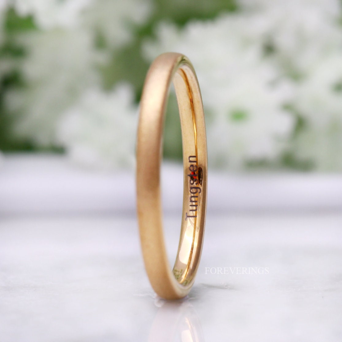 Minimalist Gold Wedding Band, Sandblasted Tungsten Ring, 2mm Womens Wedding Band, Simple and Unique Gold Ring, Custom Engraved Ring