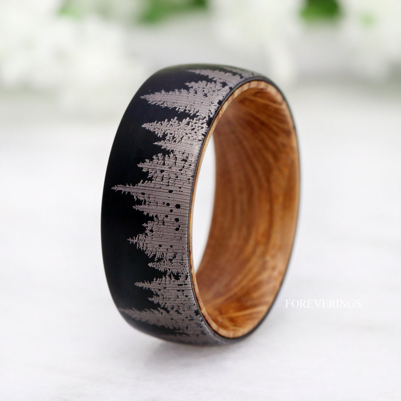 Man Wood Whiskey Barrel Ring, Black Forest Tree Ring, Men Tungsten Wedding Band, Pine Tree, Black, Nature Landscape Ring, Comfort Fit, Dome