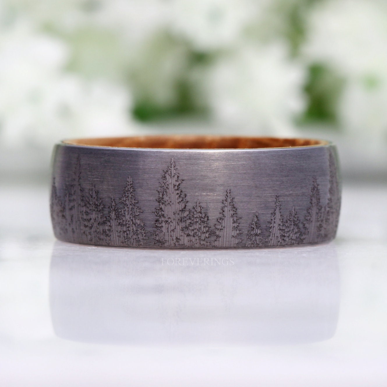 Whiskey Barrel Ring, Mens Tungsten Wedding Band, Wood Ring, Gunmetal Ring, Forest Trees Band, Nature Landscape Ring, Comfort Fit, 8mm Ring