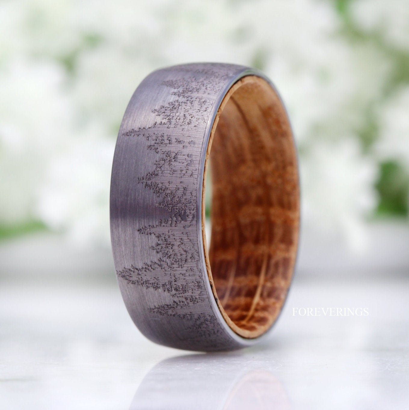 Whiskey Barrel Ring, Mens Tungsten Wedding Band, Wood Ring, Gunmetal Ring, Forest Trees Band, Nature Landscape Ring, Comfort Fit, 8mm Ring