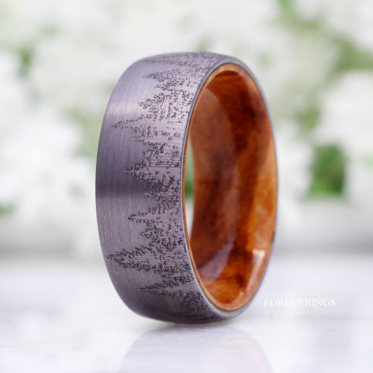 Men Forest Tree Ring with Olive Wood, Silver Tungsten Wedding Band, Pine Tree Band, Nature Landscape Ring, Domed, Anniversary Gift for Him