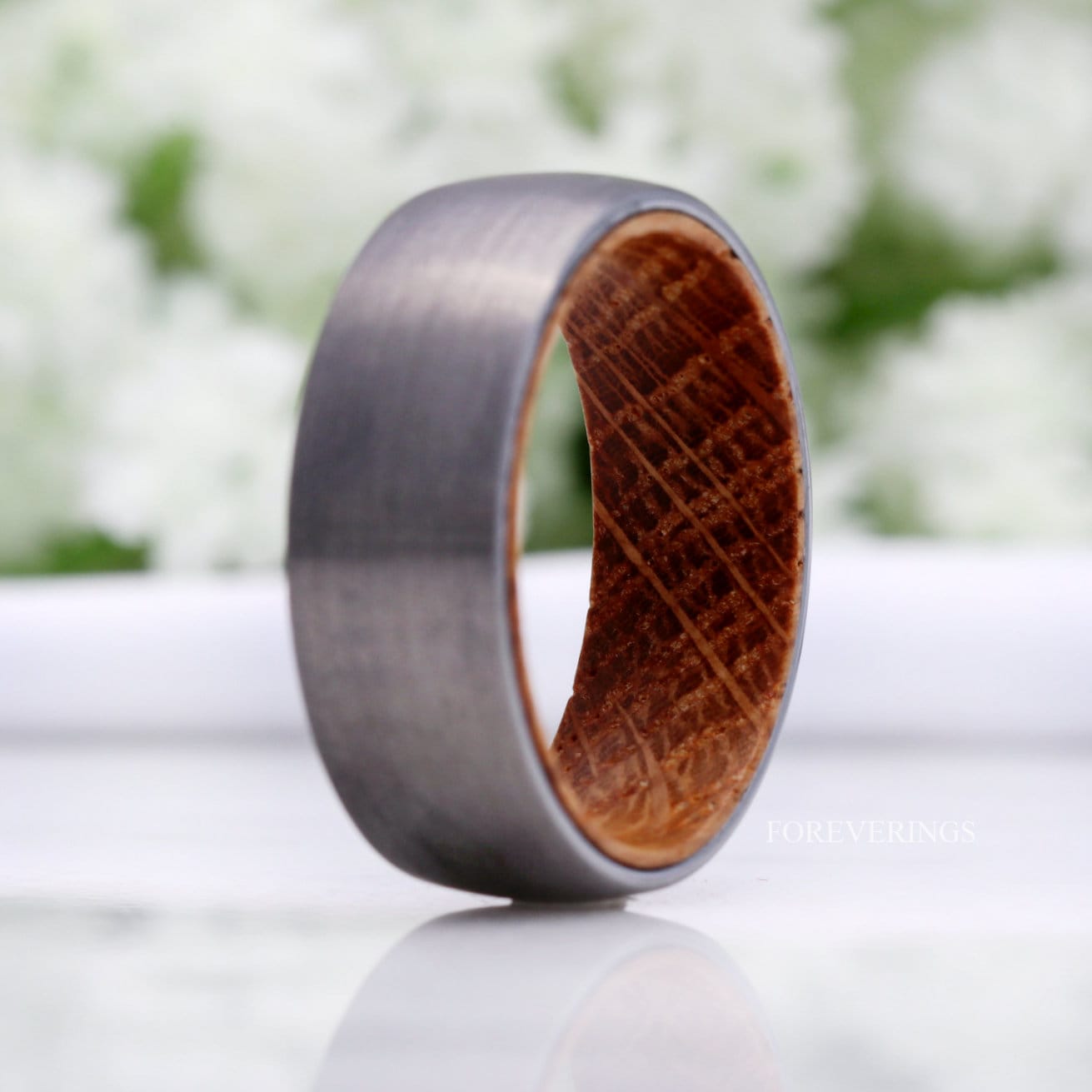 Mens Wood Whiskey Barrel Ring, Men Tungsten Wedding Band, Wood Ring, No Plating, Matte Brushed, Comfort Fit, Domed, Anniversary Gift for Him