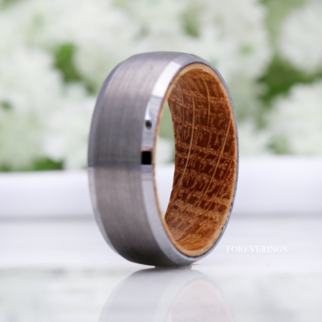 Whiskey Barrel Ring Men, Wood Wedding Band, Silver Tungsten Band, Domed, Beveled, Wood Anniversary Gift for Him, Unique Ring Men, Engagement