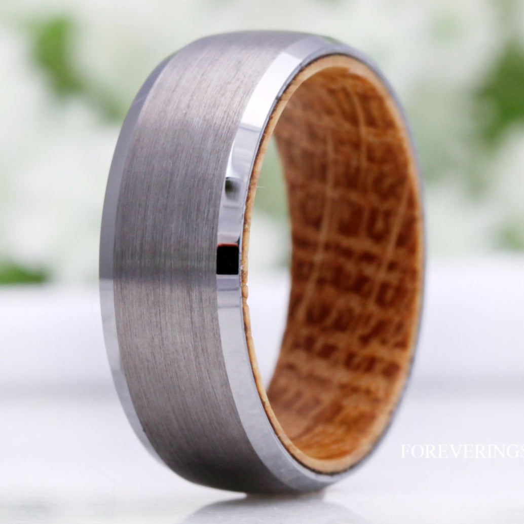 Whiskey Barrel Ring Men, Wood Wedding Band, Silver Tungsten Band, Domed, Beveled, Wood Anniversary Gift for Him, Unique Ring Men, Engagement