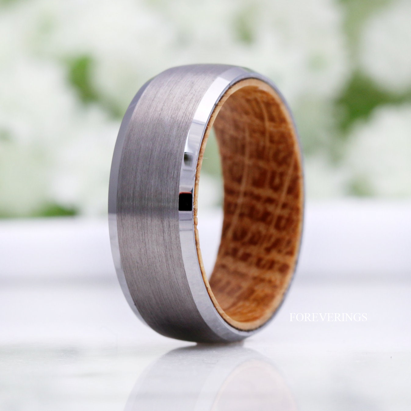 Whiskey Barrel Ring Men, Wood Wedding Band, Silver Tungsten Band, Domed, Beveled, Wood Anniversary Gift for Him, Unique Ring Men, Engagement