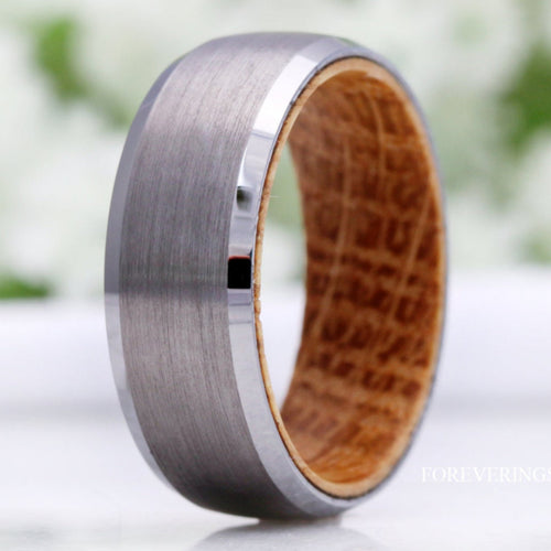 Whiskey Barrel Ring Men, Wood Wedding Band, Silver Tungsten Band, Domed, Beveled, Wood Anniversary Gift for Him, Unique Ring Men, Engagement