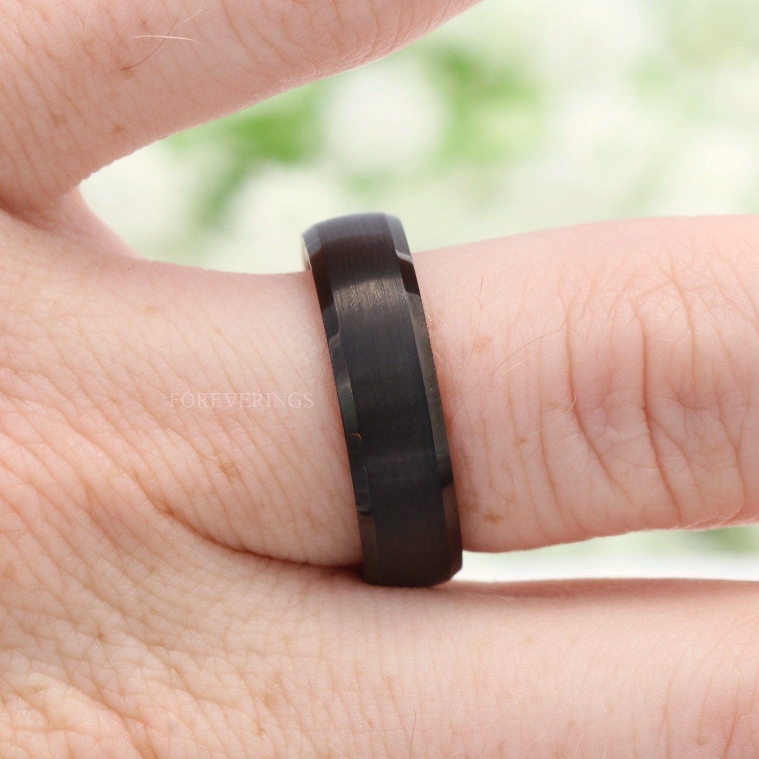 Man Wood Whiskey Barrel Ring, Black Tungsten Wedding Band, Wood and Metal Ring, 8mm-6mm Unique Men Ring, Matte Brushed, Black, Beveled