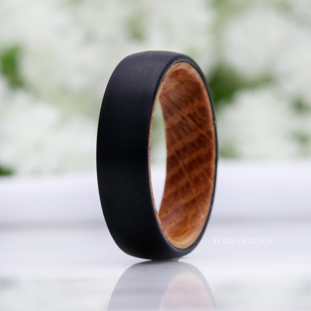 Whiskey Barrel Ring, Men Tungsten Wedding Band, 8mm-6mm Wood Ring, Matte Brushed, Black, Comfort Fit, Domed, Birthday Anniversary Gift