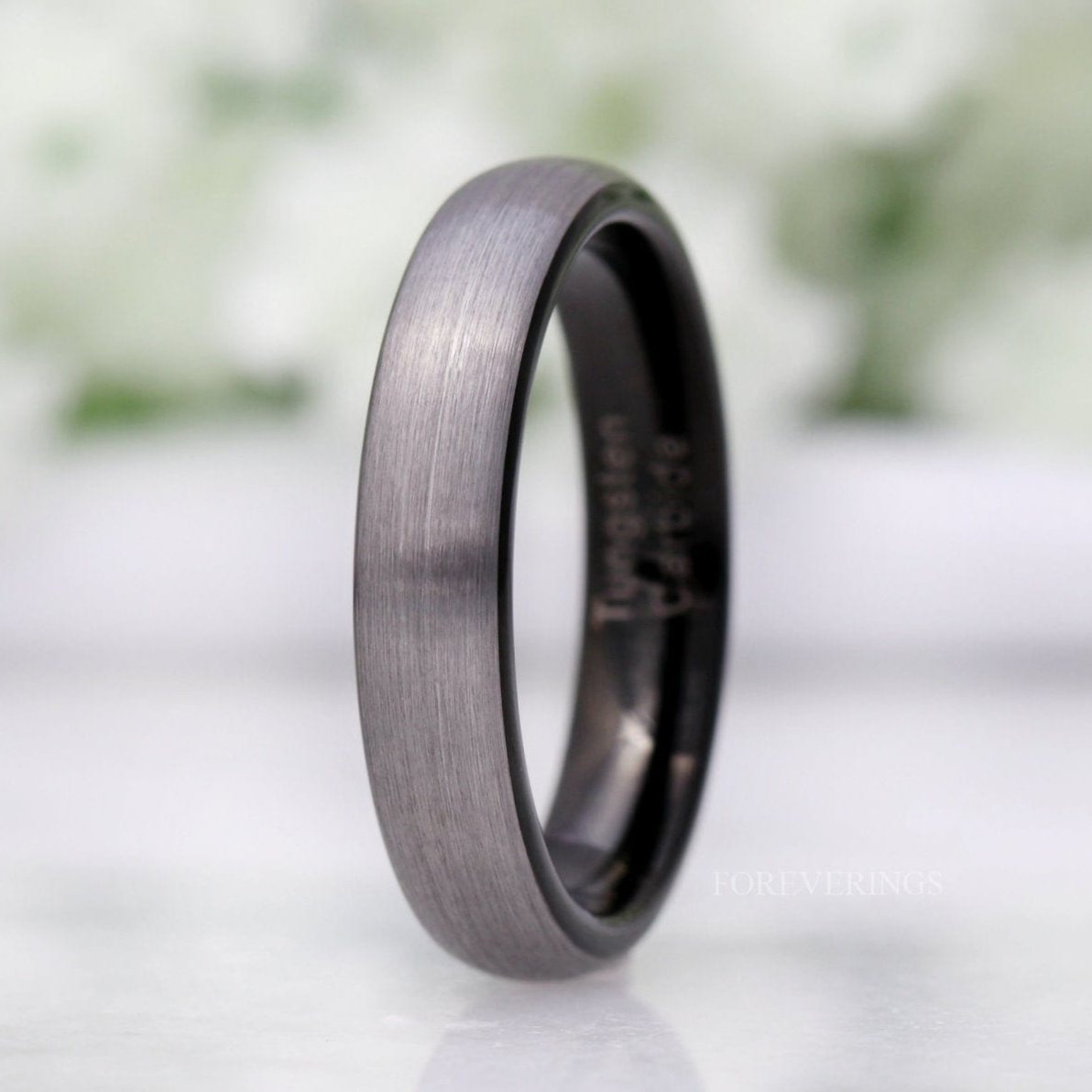 Black Tungsten Wedding Band, 4mm Womens Mens Ring, Silver and Black Two-Tone Ring, Brushed, Domed, Promise Ring, Ring Engraving