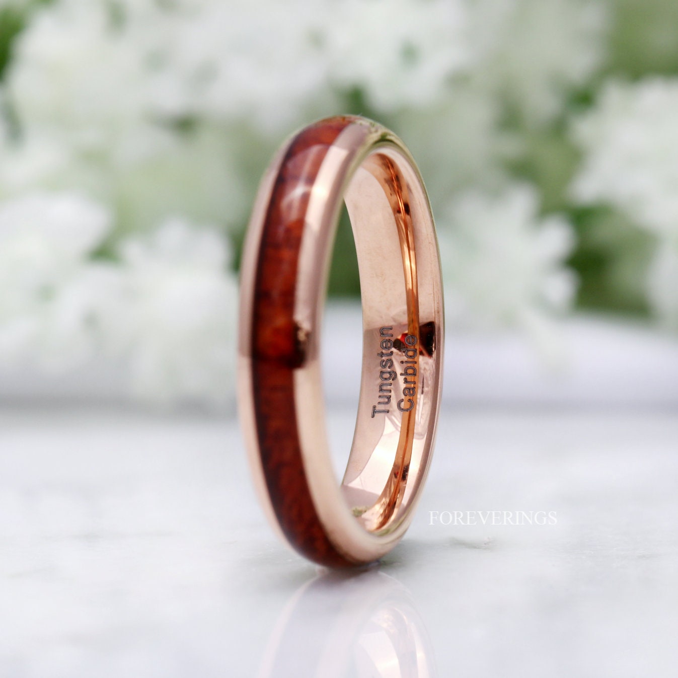 Rose Gold or Gold Koa Wood Tungsten Ring, 4mm Wedding Band, Women Men Ring, Comfort Fit, Unique Promise Ring, Nature Ring, Ring Engraving