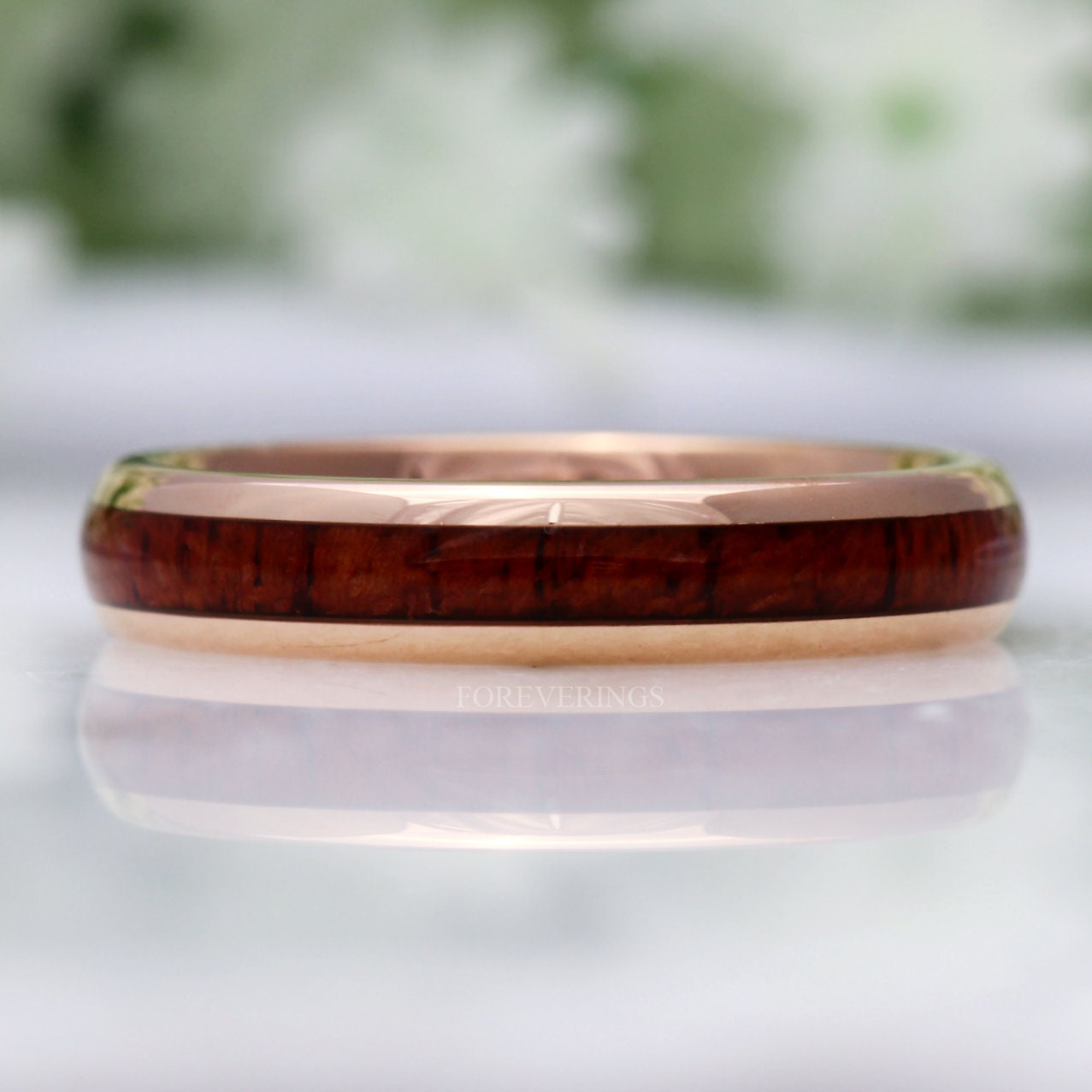 Rose Gold or Gold Koa Wood Tungsten Ring, 4mm Wedding Band, Women Men Ring, Comfort Fit, Unique Promise Ring, Nature Ring, Ring Engraving