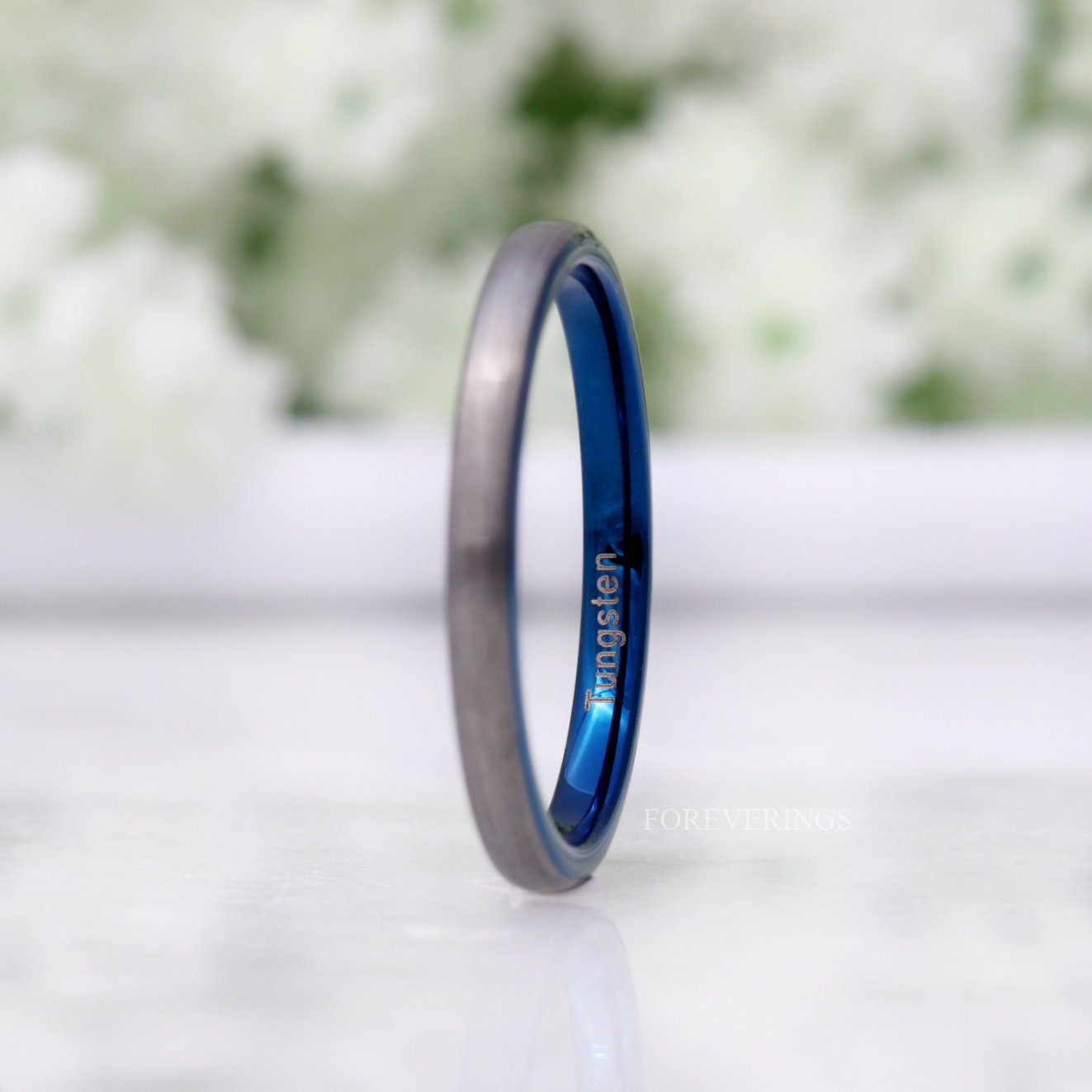 Blue Wedding Band Women Men, 2mm Tungsten Ring, Blue Two Tone Band, Matte Brushed, Promise Ring, Domed, Stackable, Ring Engraving