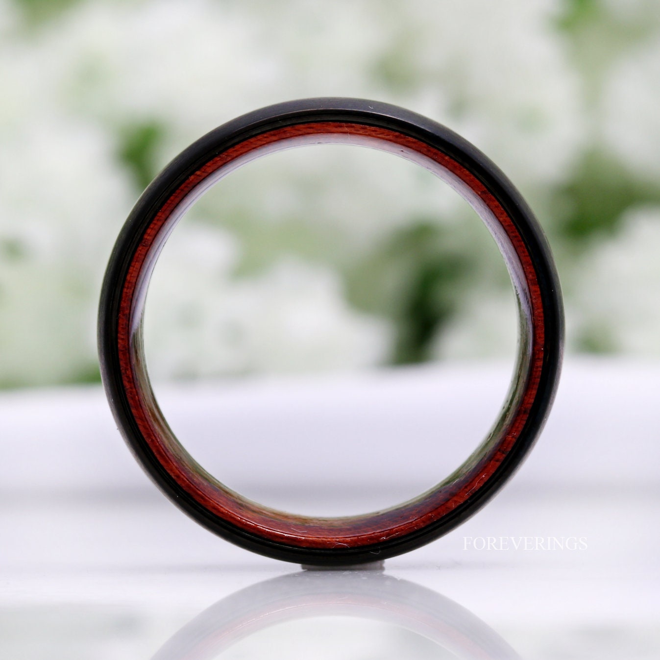 Mens Tungsten Wedding Band, Wood Wedding Band, Rosewood, Black Ring, Domed, Comfort Fit, 8mm Ring, Birthday Anniversary Gift for Him