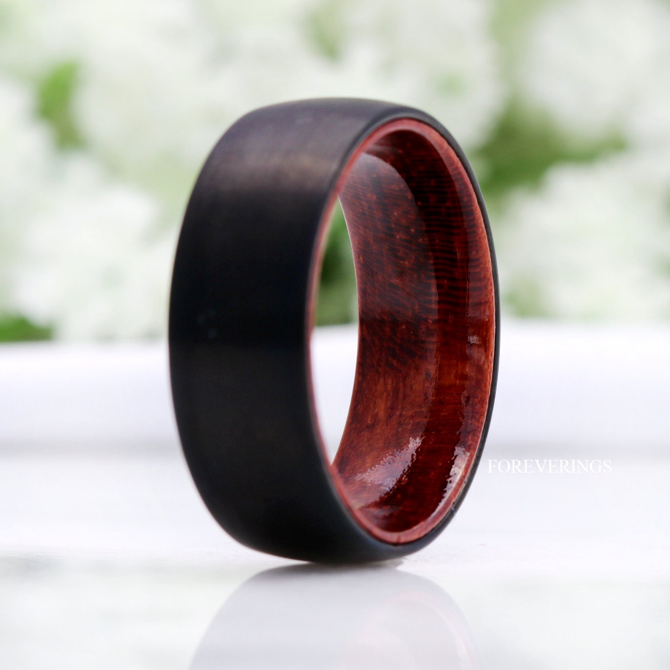 Mens Tungsten Wedding Band, Wood Wedding Band, Rosewood, Black Ring, Domed, Comfort Fit, 8mm Ring, Birthday Anniversary Gift for Him