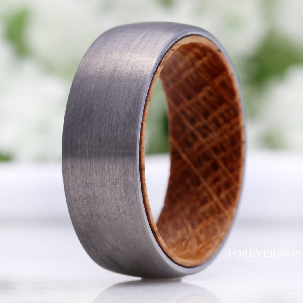 Mens Wood Whiskey Barrel Ring, Men Tungsten Wedding Band, Wood Ring, No Plating, Matte Brushed, Comfort Fit, Domed, Anniversary Gift for Him