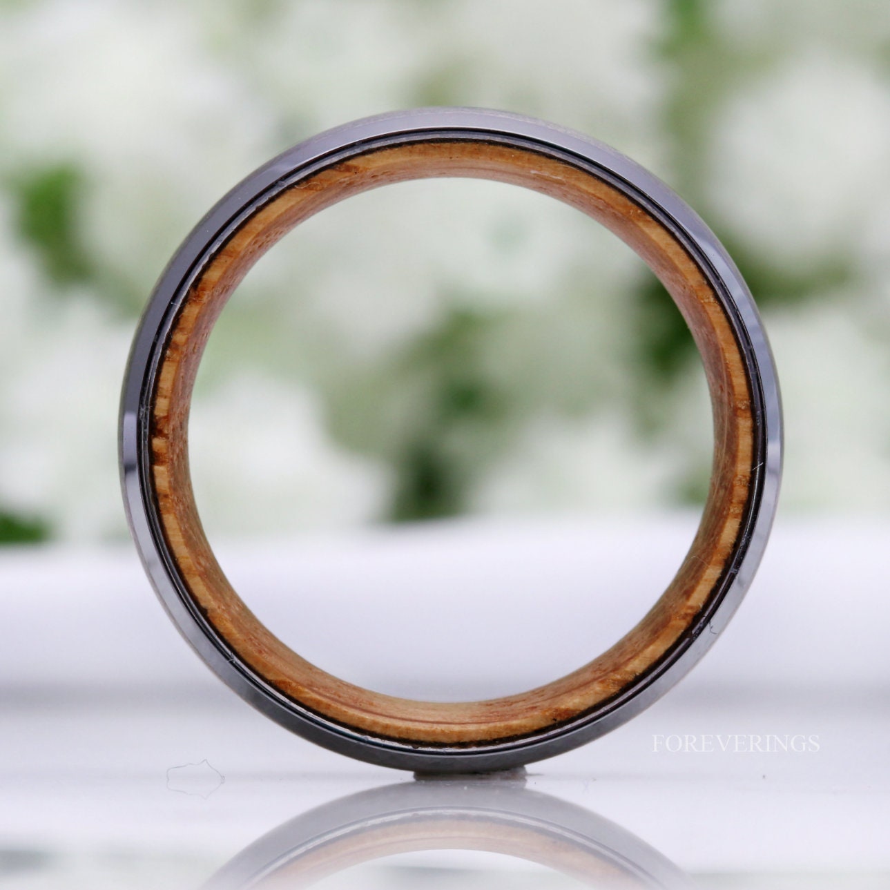 Whiskey Barrel Ring Men, Wood Wedding Band, Silver Tungsten Band, Domed, Beveled, Wood Anniversary Gift for Him, Unique Ring Men, Engagement