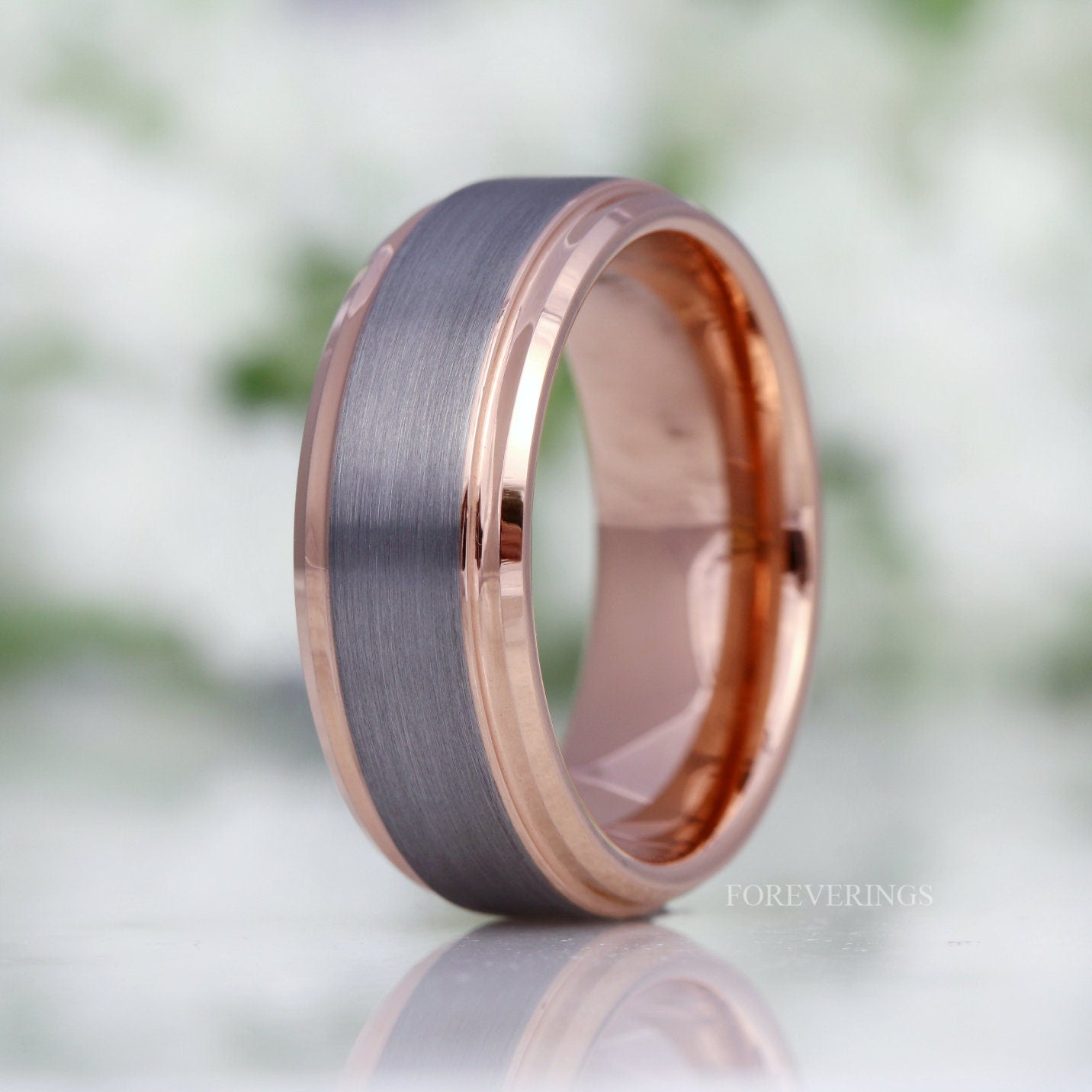 Mens Two Tone Silver Rose Gold Wedding Band, 8mm-6mm Matte Tungsten Ring, Simple Two Tone Wedding Band, Ring Engraving