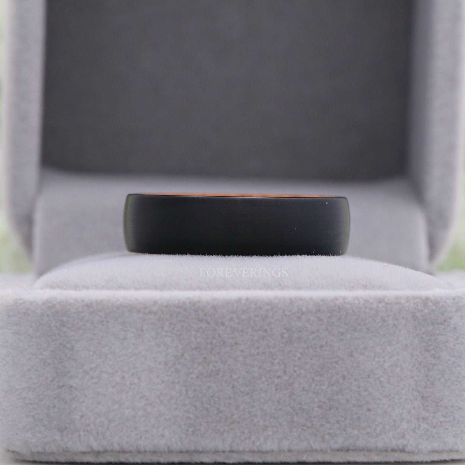 Whiskey Barrel Ring, Men Tungsten Wedding Band, 8mm-6mm Wood Ring, Matte Brushed, Black, Comfort Fit, Domed, Birthday Anniversary Gift