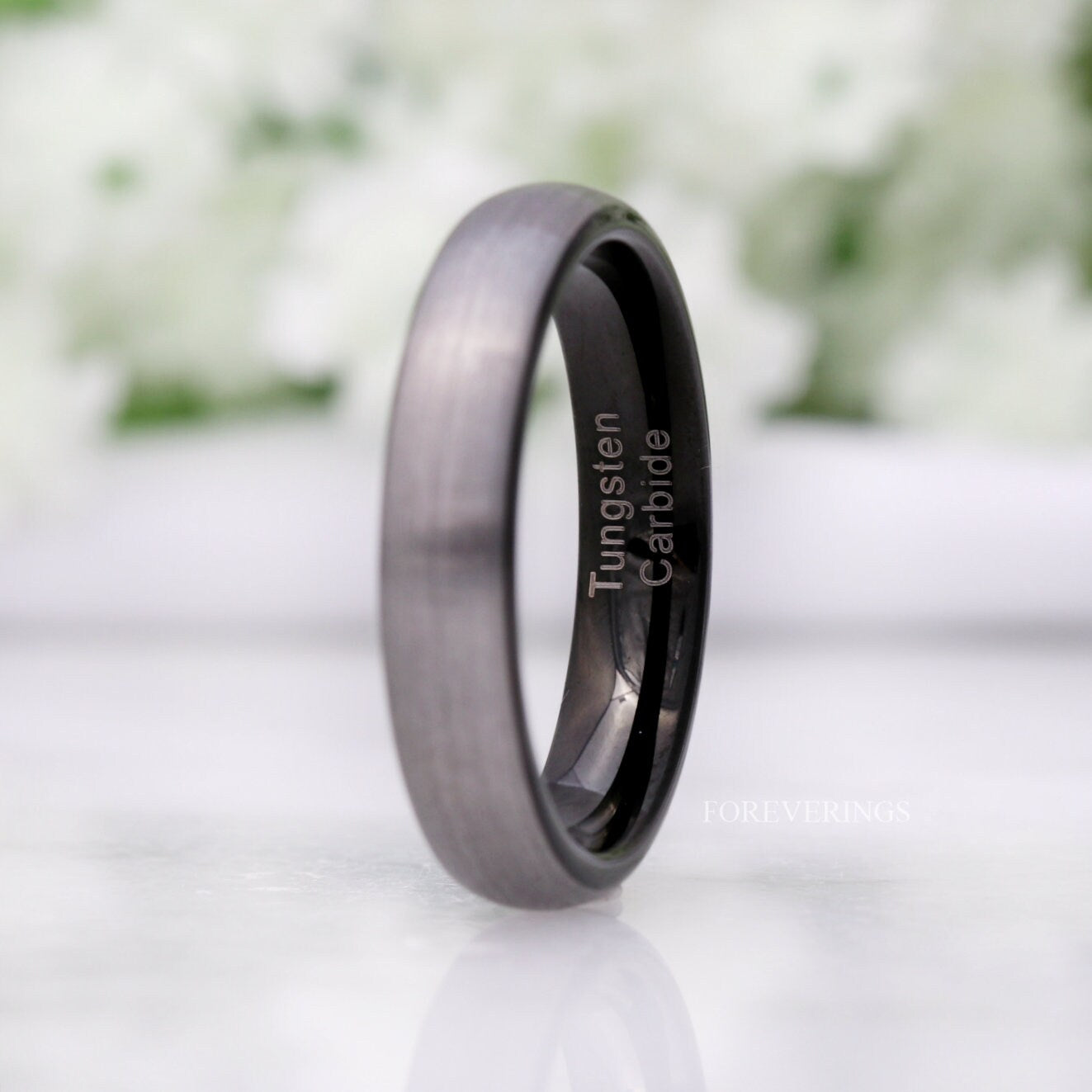 Black Tungsten Wedding Band, 4mm Womens Mens Ring, Silver and Black Two-Tone Ring, Brushed, Domed, Promise Ring, Ring Engraving