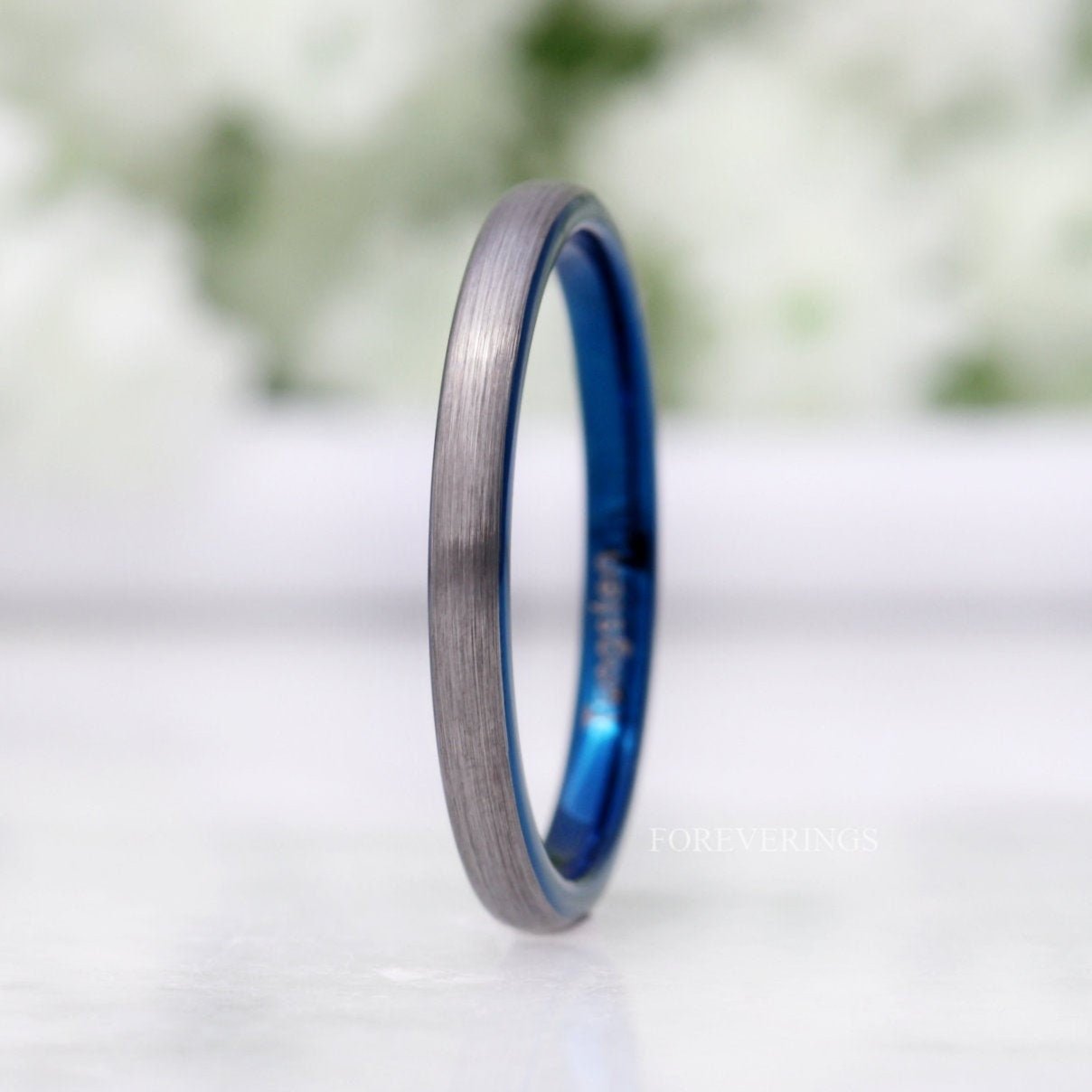 Blue Wedding Band Women Men, 2mm Tungsten Ring, Blue Two Tone Band, Matte Brushed, Promise Ring, Domed, Stackable, Ring Engraving