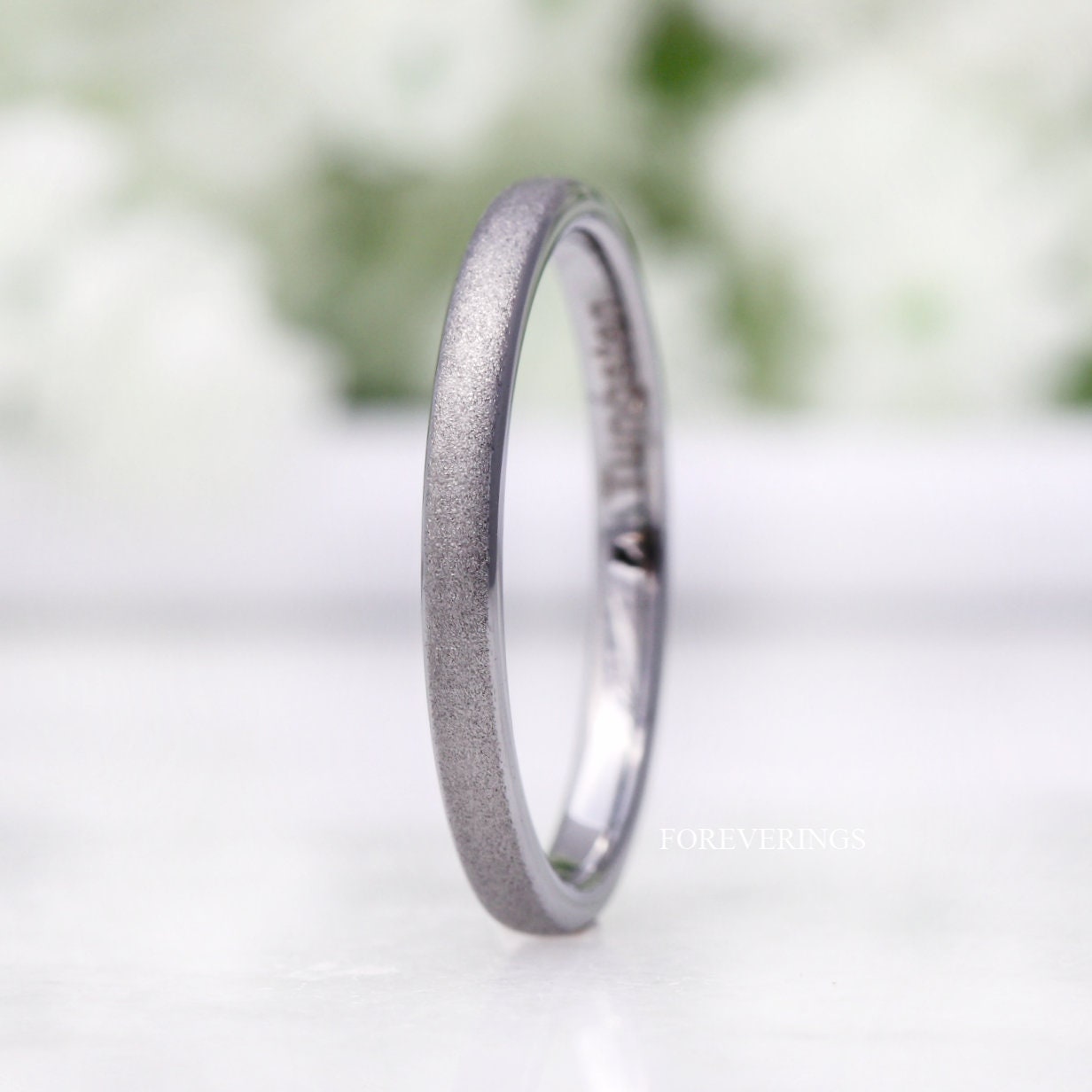 Sandblasted Silver Tungsten Ring Women, 2mm Thin Minimalist Wedding Band, Simple and Unique Silver Ring, Promise Ring for Her, Engraved Ring