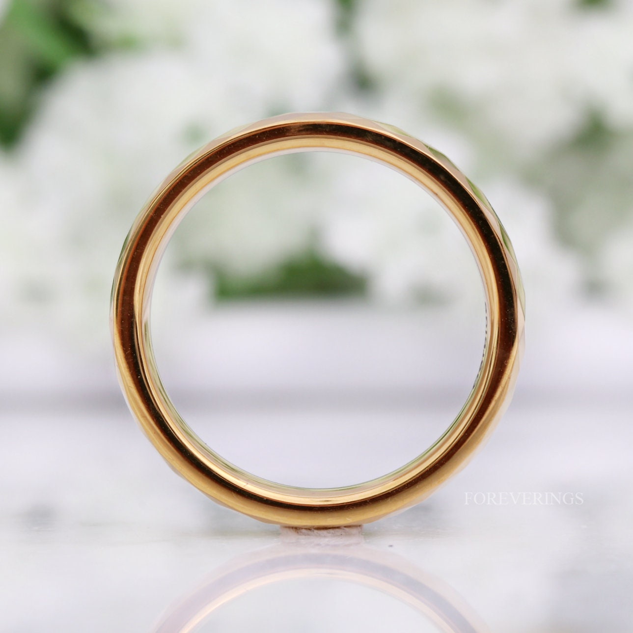 Gold Faceted Womens Wedding Band, 4mm Rose Gold or Gold Tungsten Ring, Minimalist Unique Womens Band, Ring Engraving