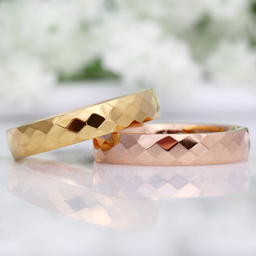 Women's 4mm faceted tungsten wedding bands in gold and rose gold, the two color options side by side