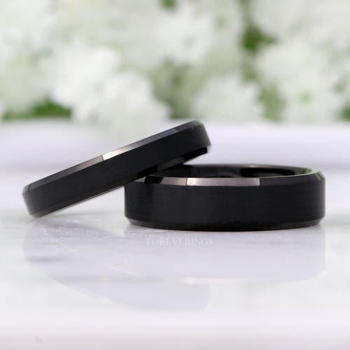 Matching matte black tungsten couples ring set with beveled edges, 6mm and 4mm