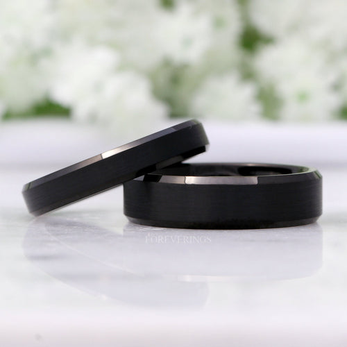 Matching matte black tungsten couples ring set with beveled edges, 6mm and 4mm