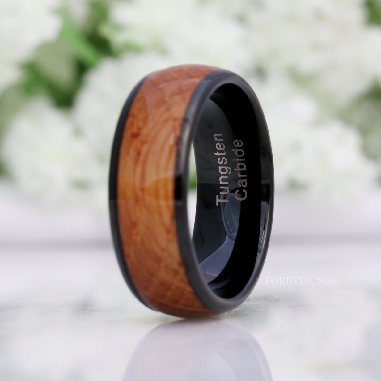 Whiskey Barrel, Mens Tungsten Wedding Band, 8mm Black Tungsten Ring, Wood and Metal Ring, Comfort Fit, Unique Ring, Polished, Dome