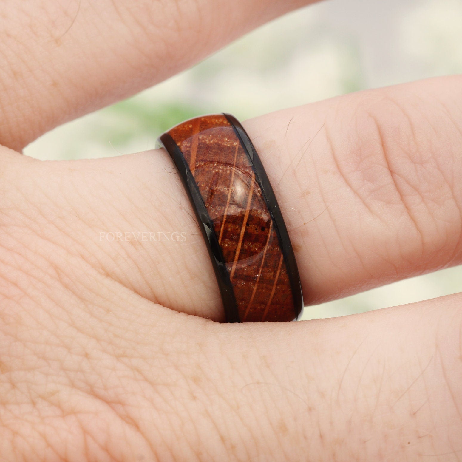 Whiskey Barrel, Mens Tungsten Wedding Band, 8mm Black Tungsten Ring, Wood and Metal Ring, Comfort Fit, Unique Ring, Polished, Dome