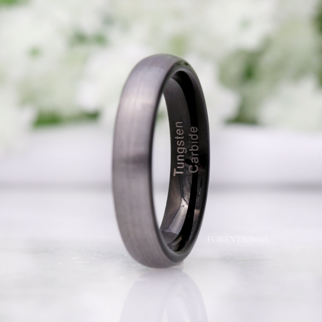 Tungsten Wedding Band Set, 8mm-4mm, His and Hers Rings, Two-tone ring, Silver and Black Ring, Mens Womens Ring, Comfort Fit, Brushed, Dome