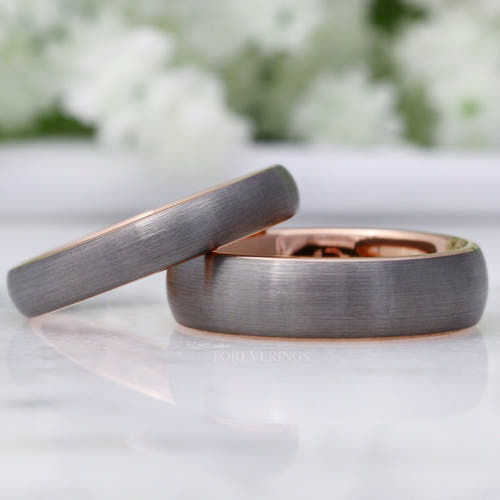 Matching two-tone tungsten couples ring set, brushed silver outside and rose gold inside, 6mm and 4mm