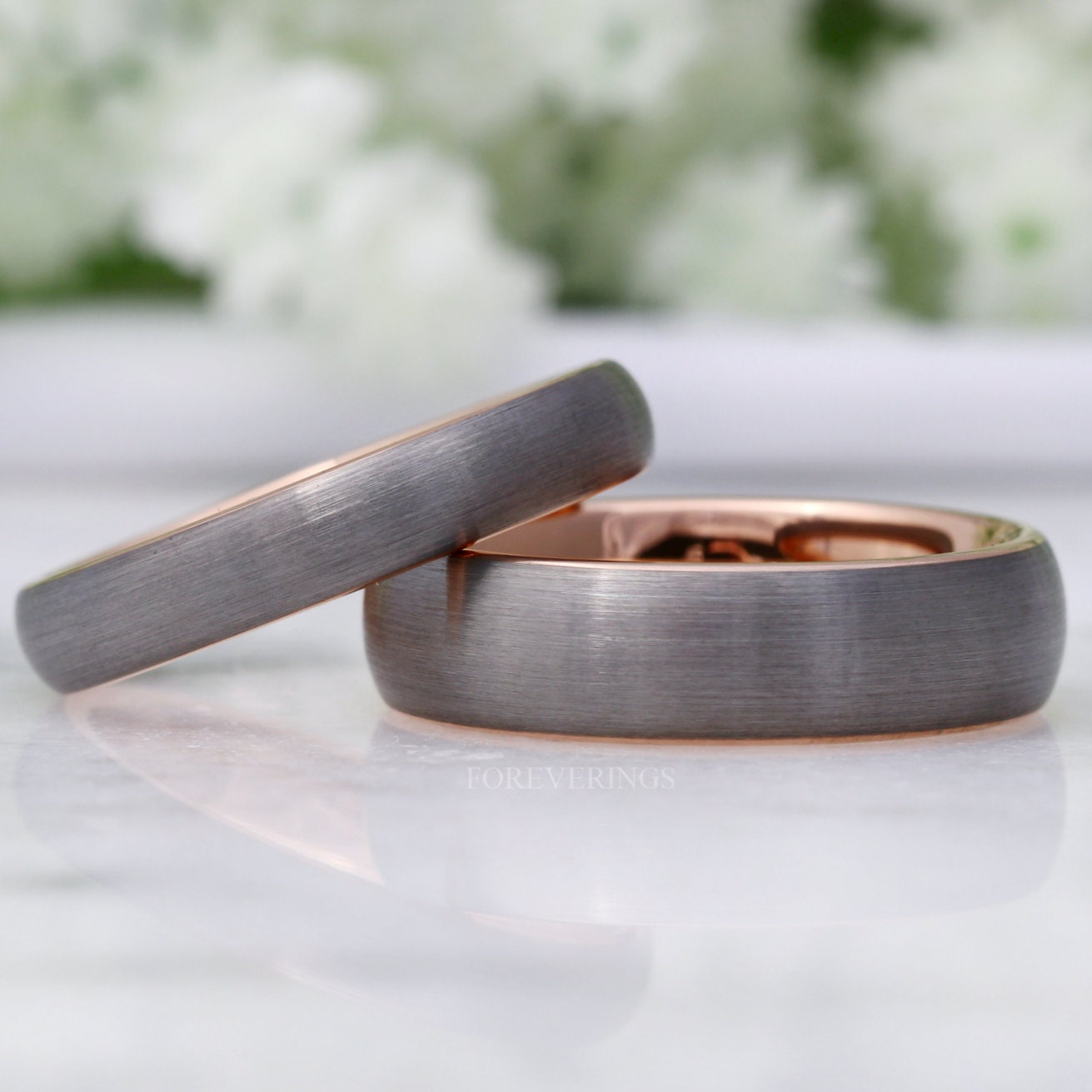 Tungsten Wedding Band Set, His and Hers Rings,  6mm / 4mm Band, Rose Gold Plated Ring, Mens Womens Ring, Comfort Fit, Brushed, Couples Ring