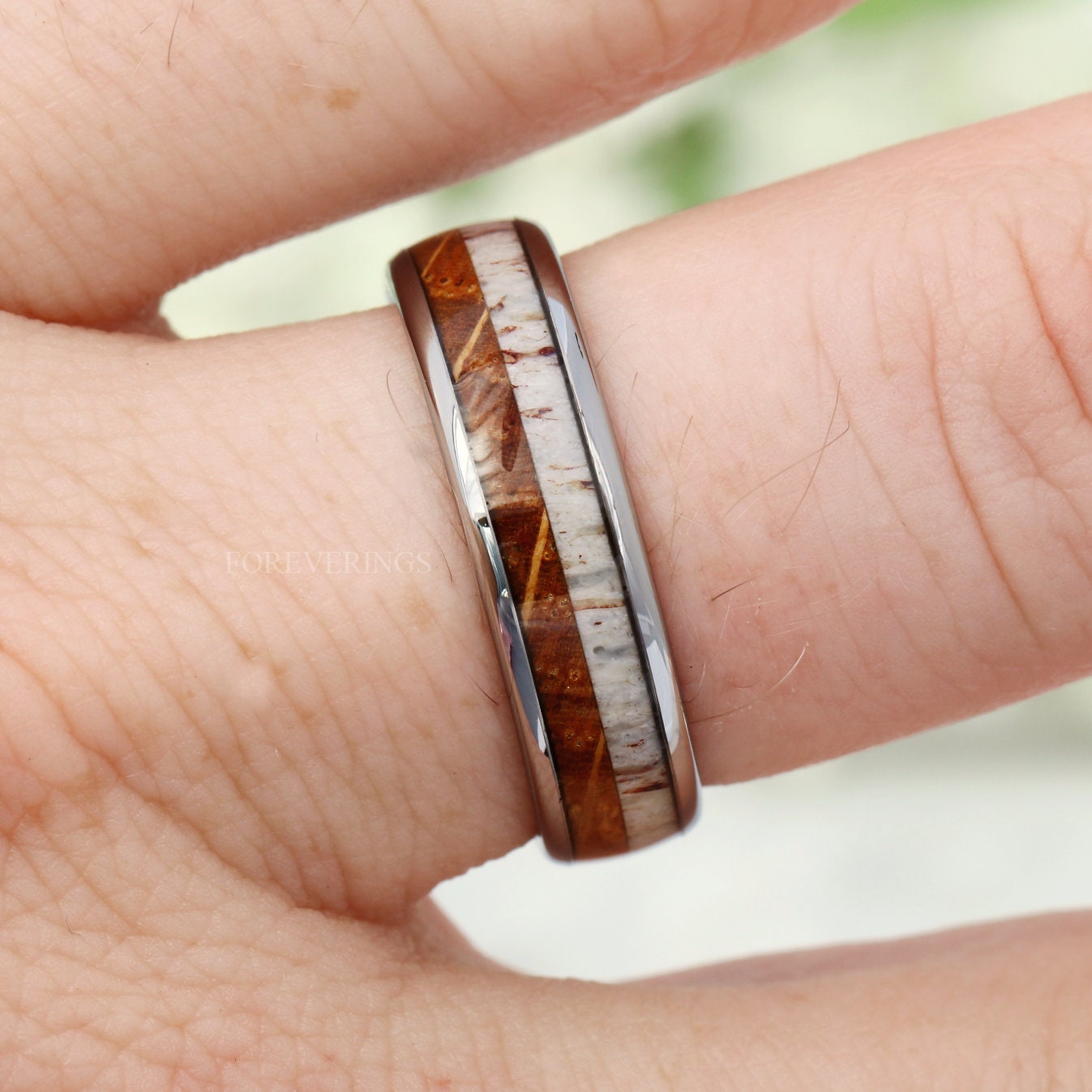 Whiskey Barrel and Antler Ring, 6mm Mens Wedding Band, Wood and Antler Ring, No Plating, Unique Silver Tungsten Ring, Comfort Fit, Dome