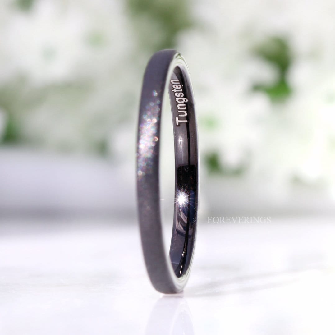 Black Sandblasted Tungsten Ring, 2mm Thin Wedding Band, Black Sparkling Band, Men Women Ring, Domed, Minimalist Unique Ring, Ring Engraving